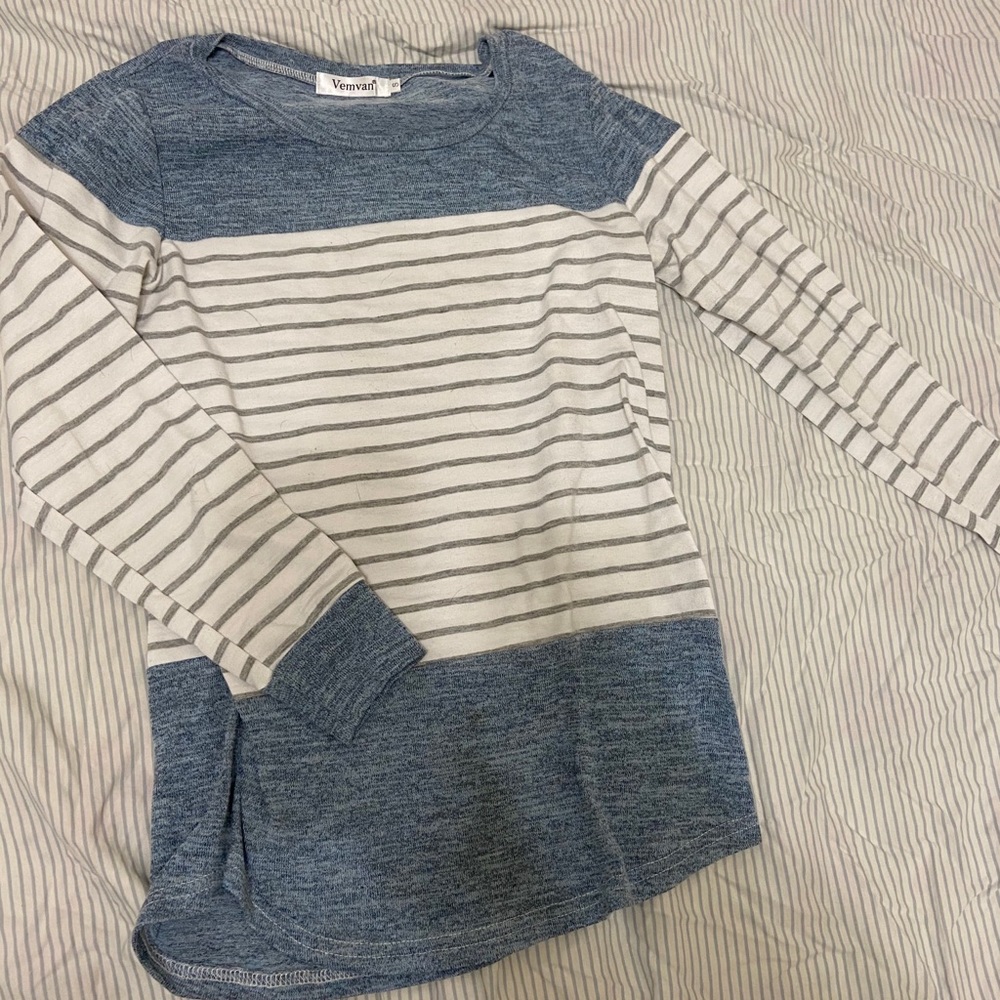 Blue with white and gray long sleeve